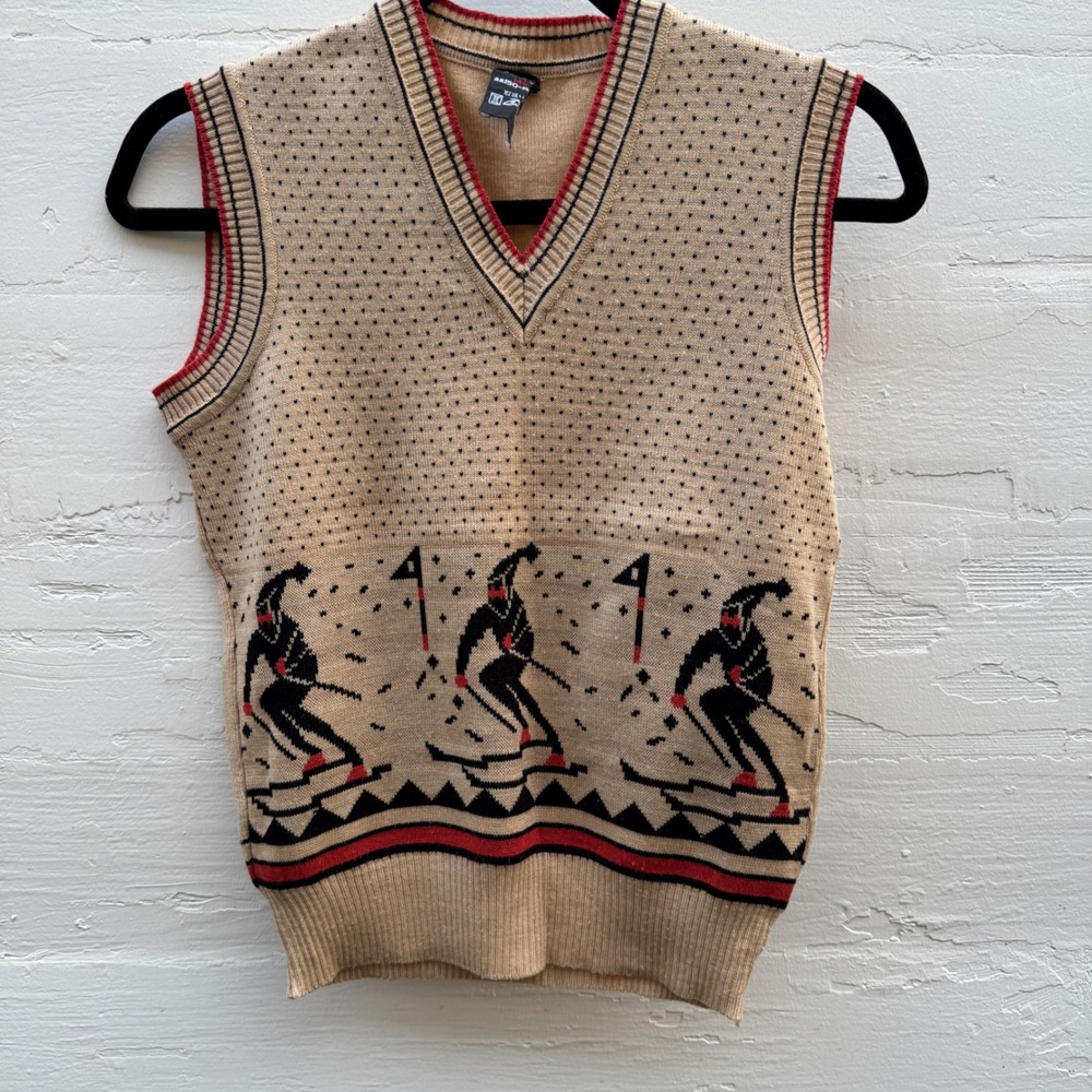 Vintage ASICS Japan Knit Sweater Vest women small 1970s 80s Ski Retro V-Neck